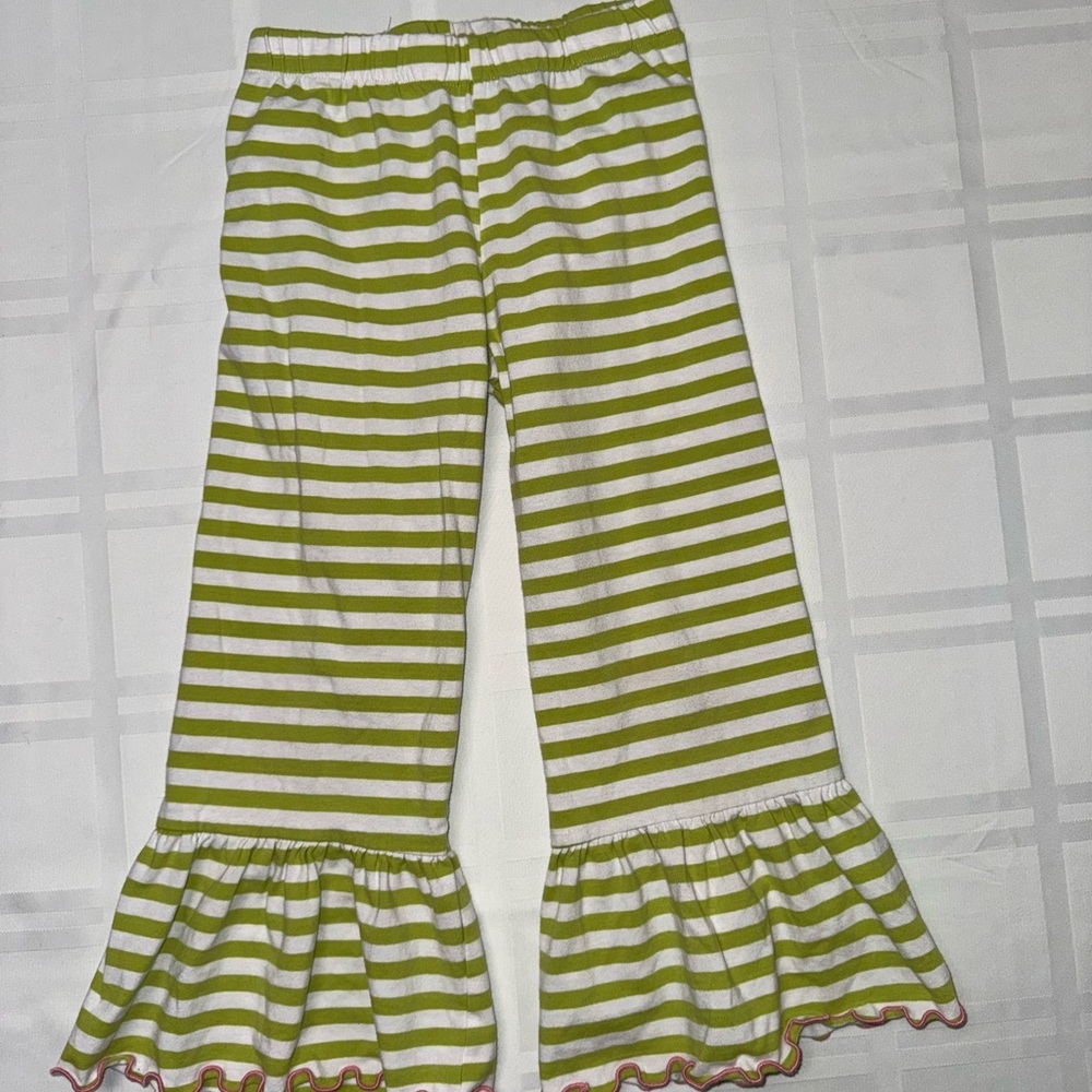 Casual Green and White Striped Bottoms with Ruffled Hem